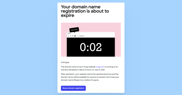 The email that indicates that the domain is about to expire.