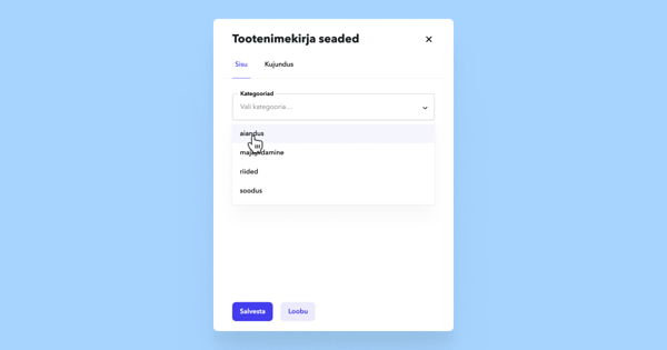 Tootenimekirja seadetes kategooria valimine